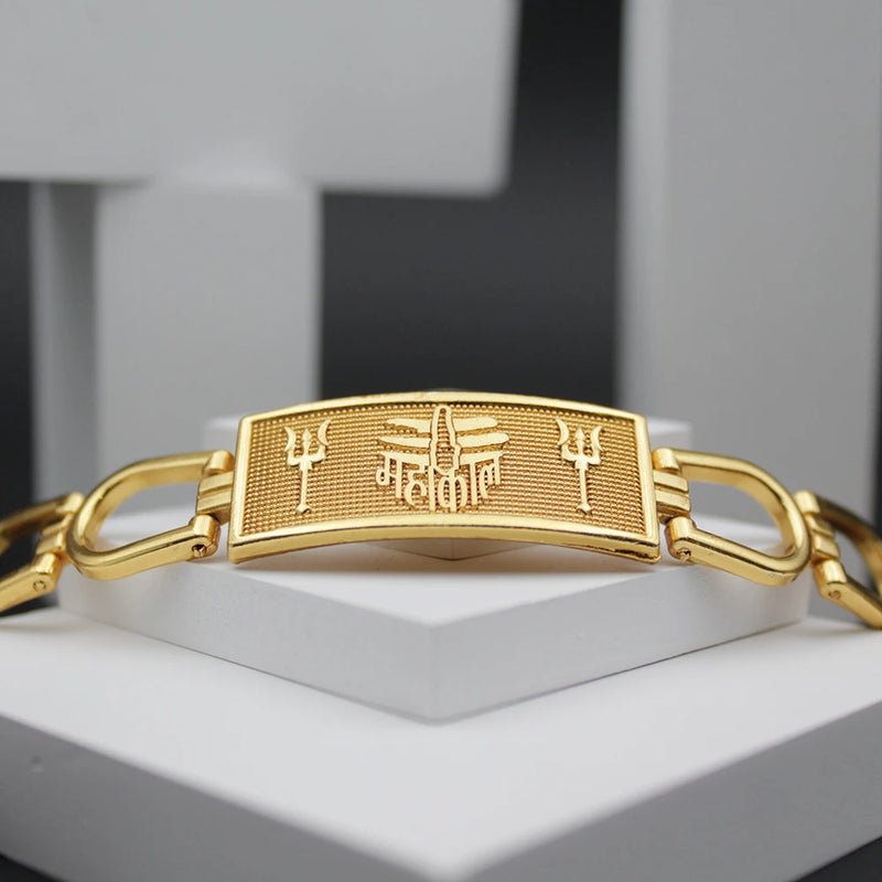 Stylish Trishul Mahakal Gold Ethnic Broad Plate Spiritual Chain Bracelet