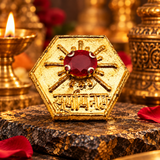 Golden Surya Yantra Stone For Home Vastu,Original Shree Surya Yantra Hexagon Plate With 1 Red Stone Gold Plated For Pooja,Pure Copper Surya Yantram For Good Luck