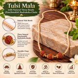 Tulsi Mala with Natural Three Beads (Panchmukhi) Mukhi Rudraksha Chain