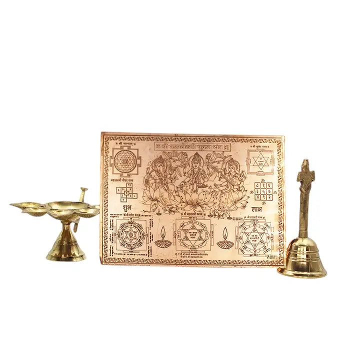 Diwali Pooja Kit of Panch Aarti Diya Naag Srap Peetal Ghanti Shree Dhan MahaLakshmi Poojan Yantra